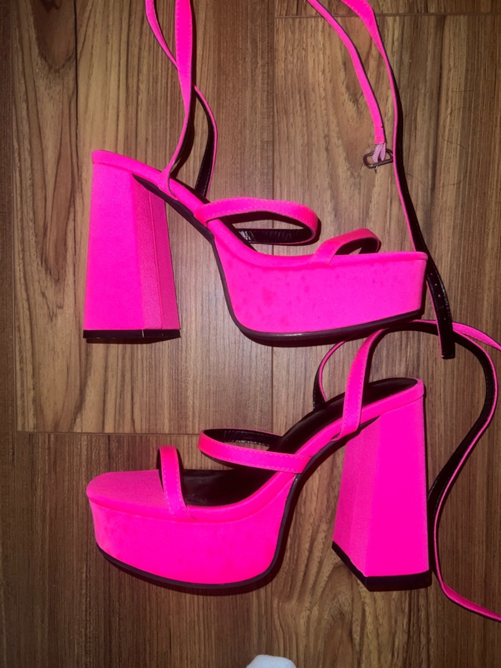 Wild Diva Neon Pink Strappy Platform Block Heels